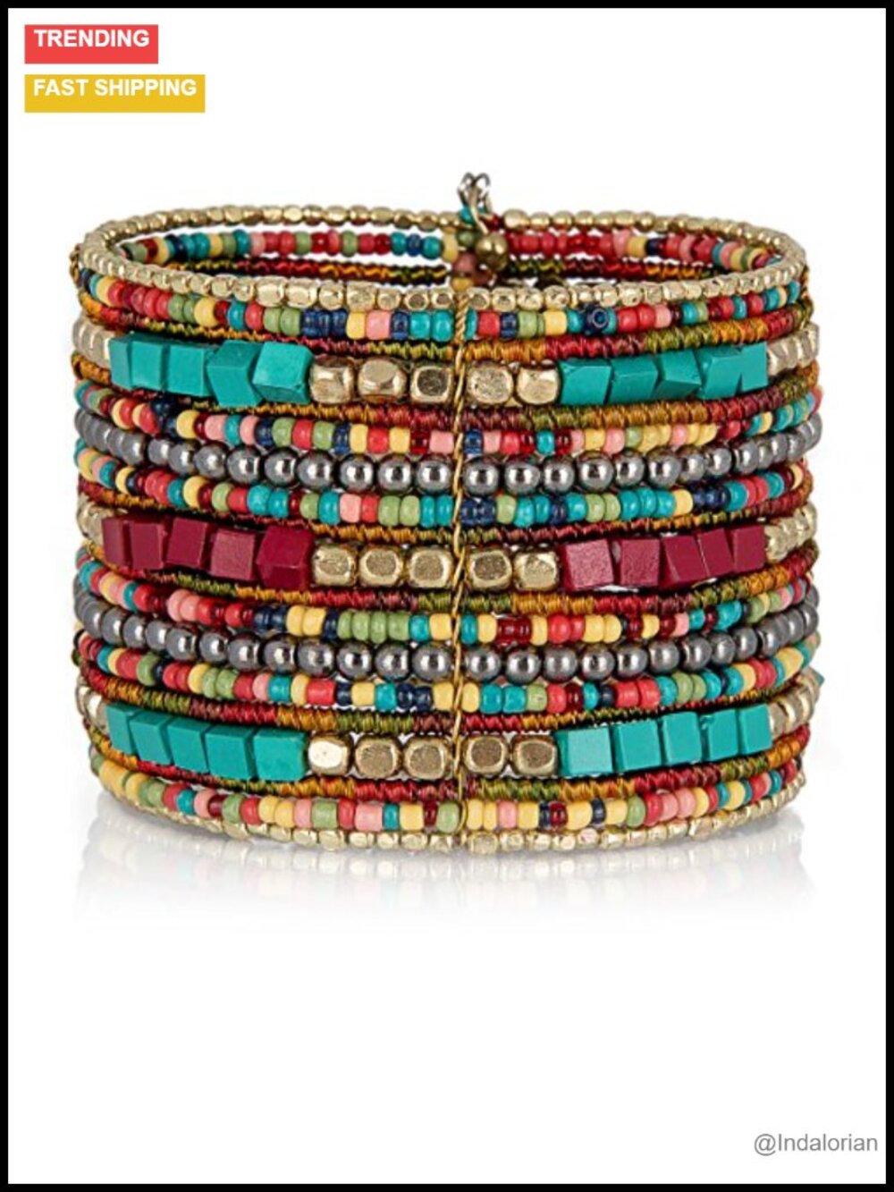 Boho Cuff Bracelet Adjustable Stackable Beaded Wood Glass Metal